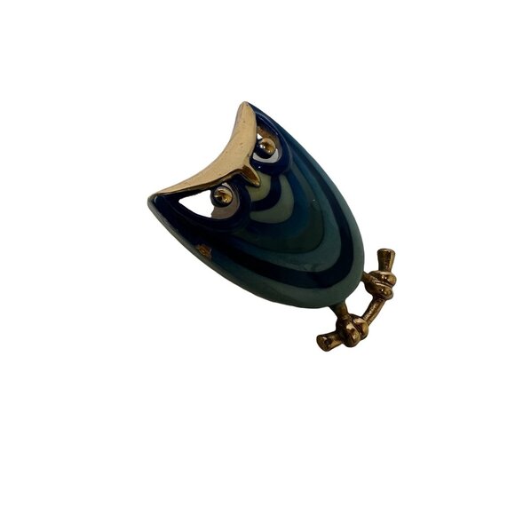 Eisenberg Enamel Blue Owl Brooch Pin With Gold Accents & Rhinestone Eyes - Picture 9 of 10